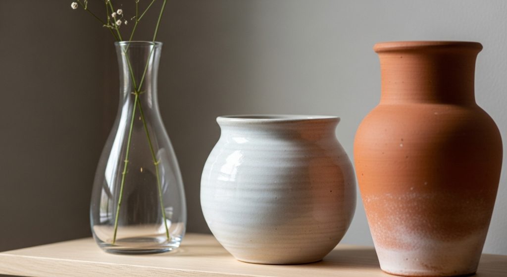 
A close-up view of three vases — glass, ceramic, and terracotta — neatly arranged on a light wooden shelf against a neutral wall, softly illuminated by natural daylight.

