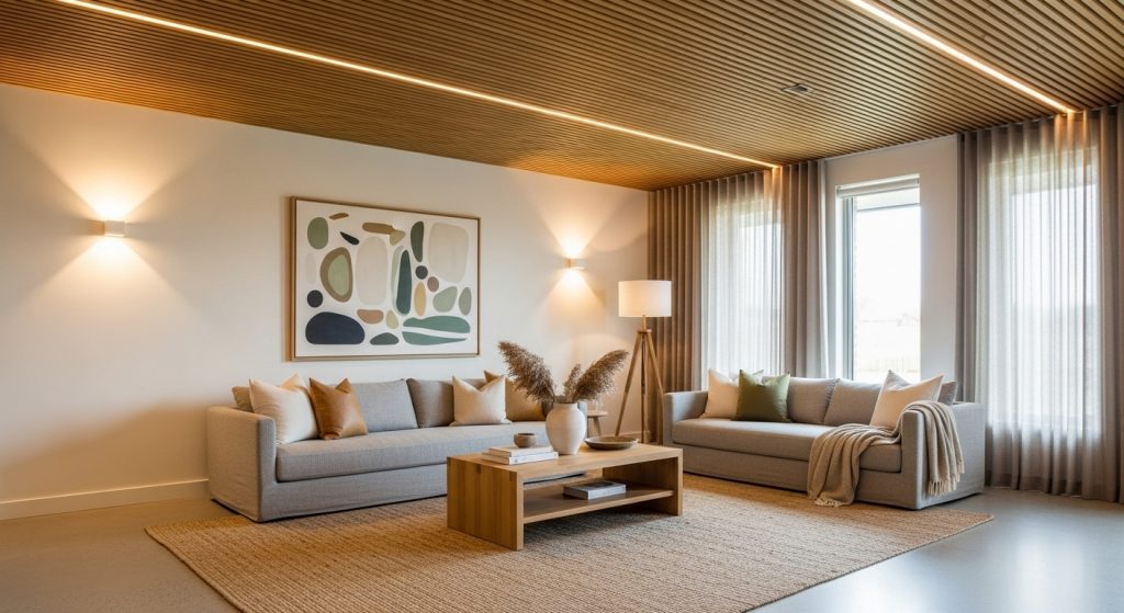 Simple Ceiling Decor Design That Transforms Any Room 9 A contemporary room featuring a wooden slat ceiling, soft wall lighting, and a natural color palette that creates an elegant and harmonious atmosphere.