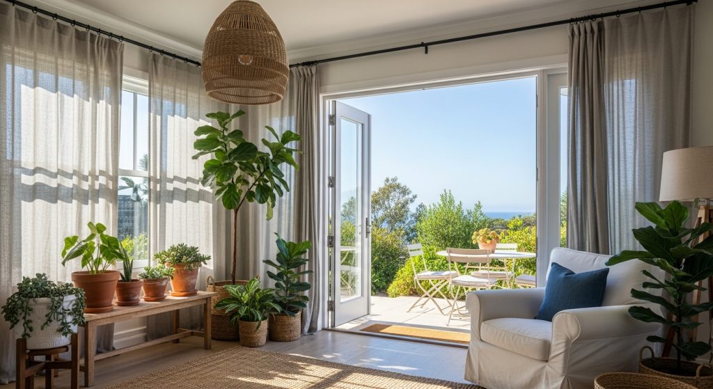Coastal Home Styling: Calm & Beachy Decor Inspiration 8 
A bright, sunlit indoor space that opens to a patio, decorated with lush green plants, light flowing curtains, and beach-inspired textures for a fresh, airy coastal vibe.