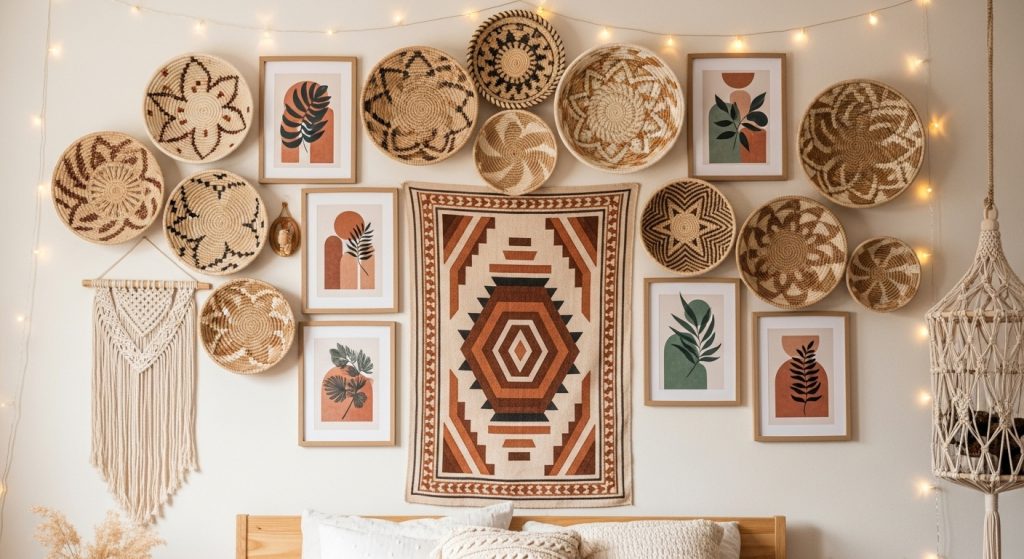 Boho Bedroom Decor on a Budget: Cozy & Chic Style for Less 7 A Boho bedroom wall decorated with woven baskets, framed prints, and tapestries in earthy tones, enhanced by soft fairy lights and natural textures for a warm, inviting feel.
