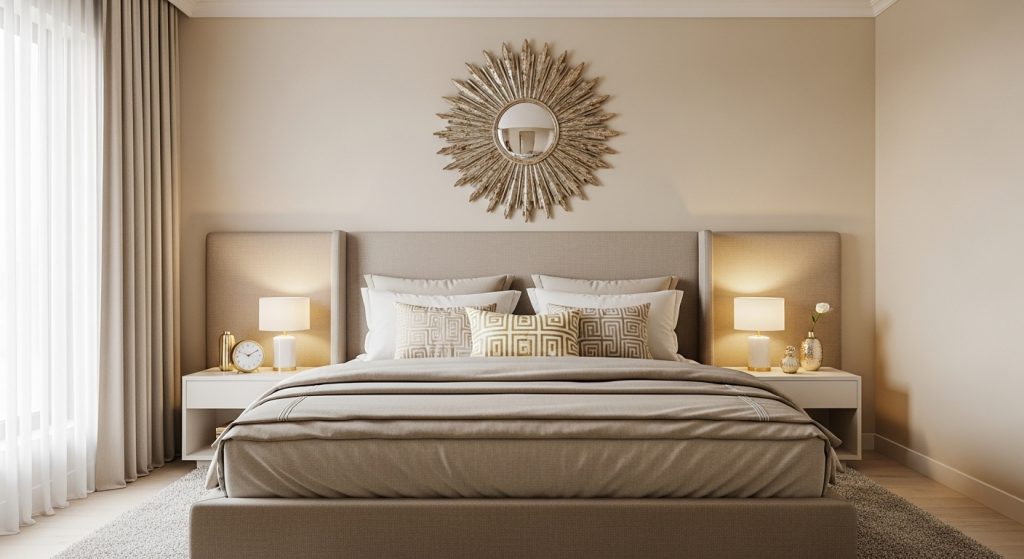 Mirror Decoration Ideas for Bedroom: Brighten Up Your Space 3 **“Modern bedroom with a sunburst mirror above the bed, beige linens, soft lighting, and gold accents creating a chic, elegant look.”**