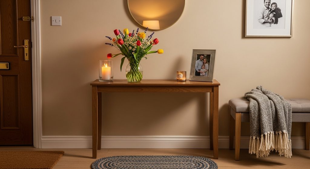 Entryway Makeover Ideas on a Budget: First Impression That Wow 11 
: Entryway with a wooden console, fabric bench, metal mirror, and woven baskets, showcasing a blend of textures for a warm, inviting style.