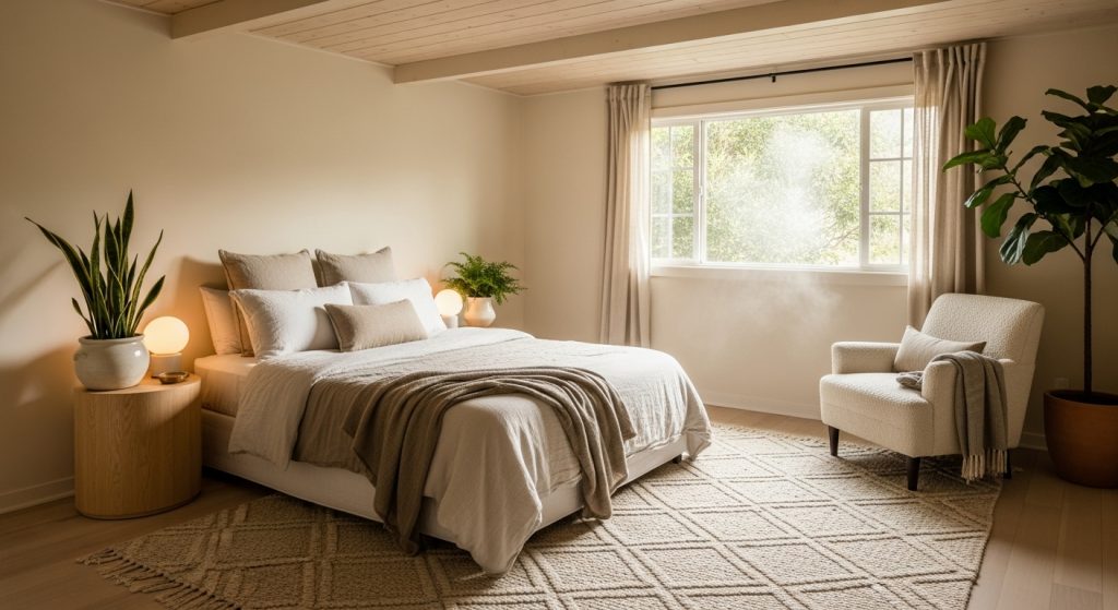 Simple Ceiling Decor Design That Transforms Any Room 4  A cozy bedroom with light wood ceiling panels, neutral bedding, and indoor plants, creating a warm and natural atmosphere.
