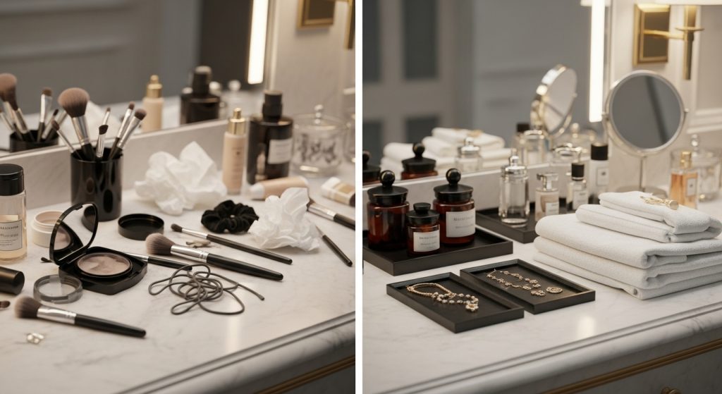 10 Genius Bathroom Storage Hacks You’ll Wish You Knew Sooner 2 Split vanity counter: left side cluttered with scattered items; right side neat with jars, trays, and folded towels.