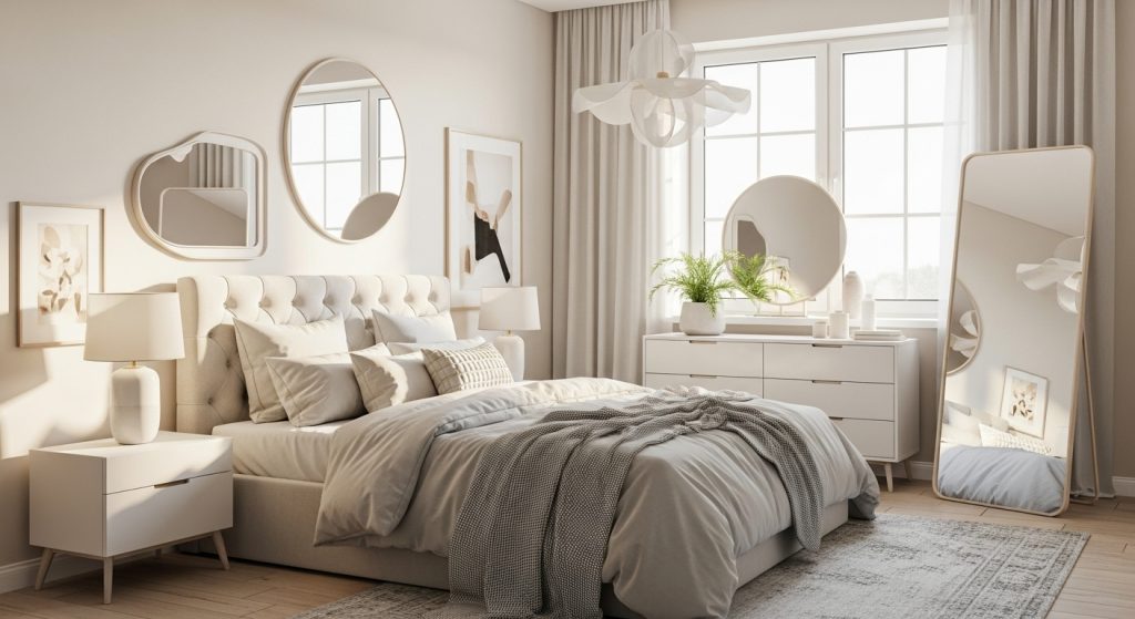 Mirror Decoration Ideas for Bedroom: Brighten Up Your Space 11 A cozy modern bedroom with natural light, multiple mirrors, soft neutral tones, and elegant minimal decor for a bright and calming atmosphere.