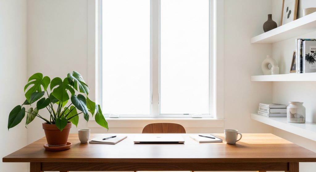 Minimalist Home Office Setup: Create a Productive & Calm Workspace 2  Serene workspace with white shelves, minimal decor, and a green plant adding freshness in natural sunlight.