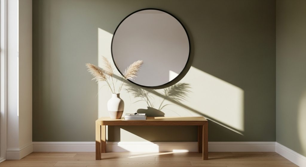 Entryway Makeover Ideas on a Budget: First Impression That Wow 5  Entryway wall with a round mirror, small table, vase, and natural sunlight reflecting to create a bright, welcoming space.