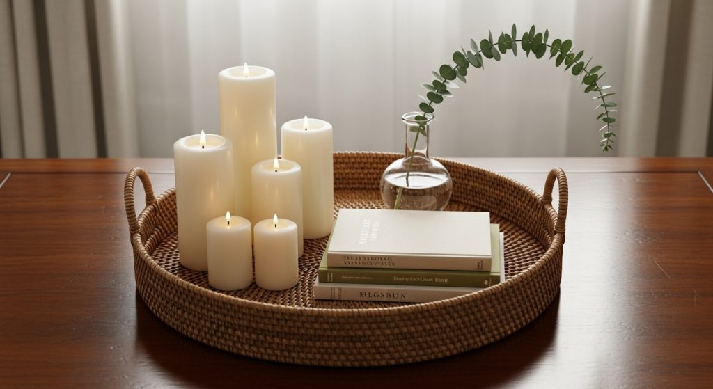 DIY Center Table Decor Ideas for Living Room 5 A round wicker tray on a center table styled with candles, books, and a small vase, creating a natural, elegant, and balanced look.