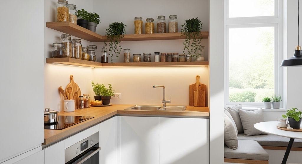 Creative Corner Decoration Ideas to Beautify Every Room 6 A small modern kitchen with open corner shelves displaying jars and plants, under-shelf lighting, and a cozy breakfast nook by a sunlit window.