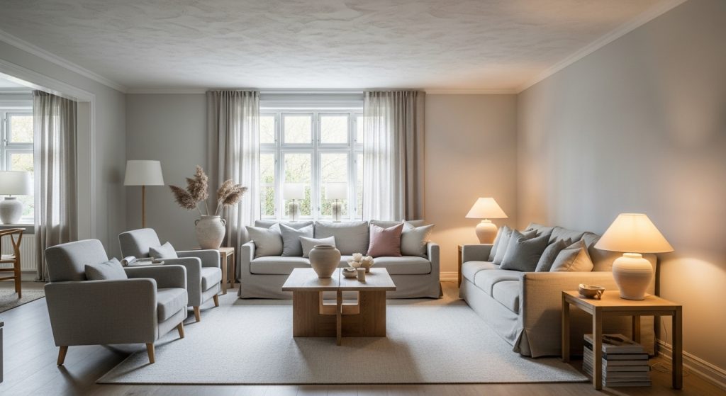 Simple Ceiling Decor Design That Transforms Any Room 11 A well-balanced living room featuring neutral tones, a textured ceiling, and soft lighting that enhances the cohesive and calming design.