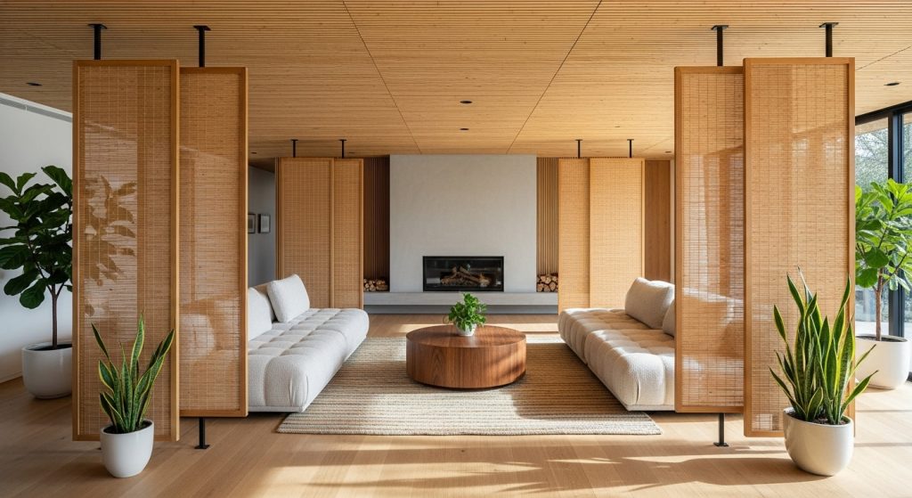 Bamboo Interior Ideas: Natural & Affordable Décor Inspiration 7 **“Modern open-plan living area featuring bamboo ceiling panels and natural light dividers, creating a calm and serene atmosphere.”**