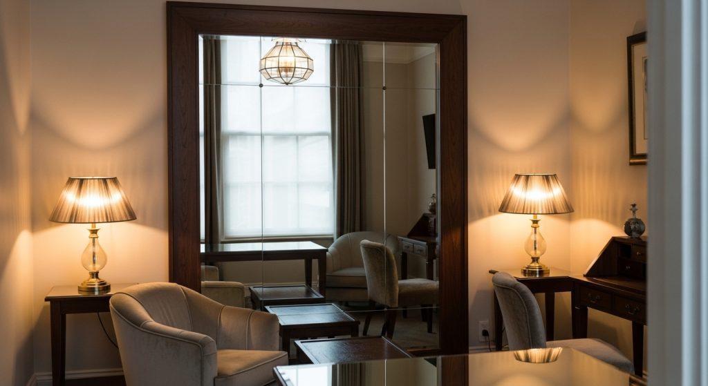 Creative Lighting Ideas for Small Room That Instantly Transform Your Space 10 
A small room with a large mirror reflecting natural window light and lamps, creating the illusion of a brighter, more spacious area. The image highlights beautiful reflective surfaces, eye-catching depth, and an amazing natural enhancement.