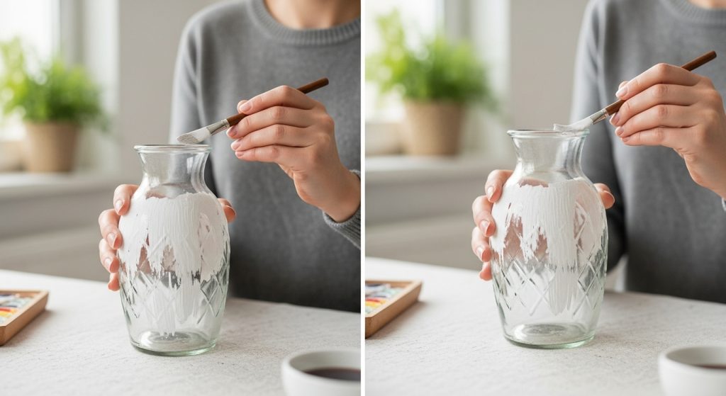 
A step-by-step scene showing a person painting an old glass vase with white chalk paint on a cozy craft table, surrounded by brushes and art supplies for a DIY home décor project.
