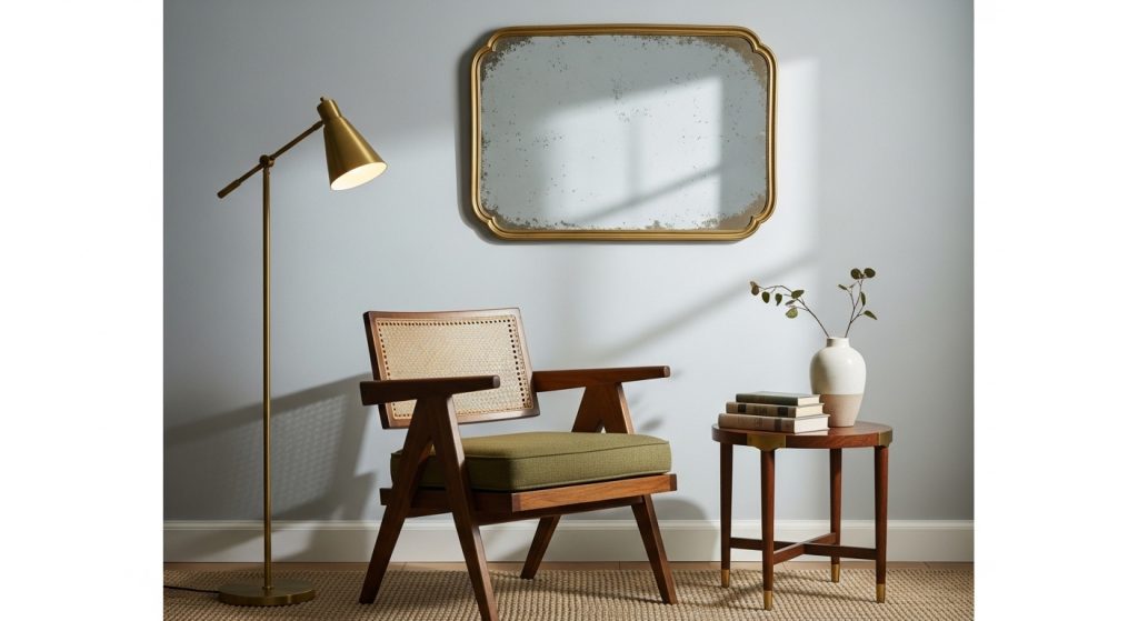 Vintage Style Interior on a Budget: Timeless Decor Tips 2 
A styled corner featuring a mid-century chair, brass lamp, and vintage mirror set against a muted wall, softly illuminated by natural daylight for a warm, elegant look.