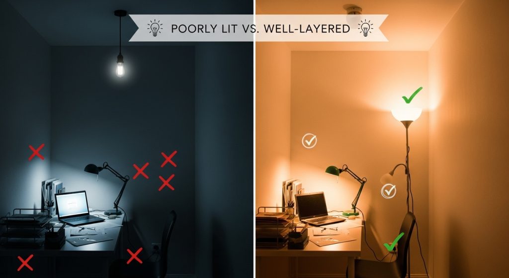 Creative Lighting Ideas for Small Room That Instantly Transform Your Space 14 
A comparison image showing a poorly lit small room versus a well-layered, illuminated one — highlighting lighting mistakes and fixes with beautiful visual contrast, eye-catching transformation, and an amazing educational effect.