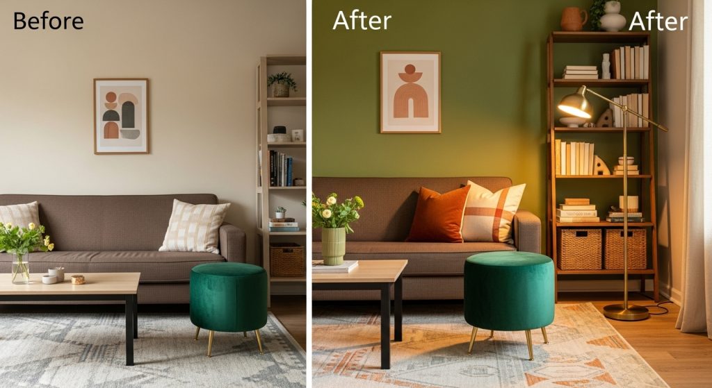 Accent Furniture for Decor: Statement Pieces That Elevate Any Room 22 An amazing before-and-after image sequence of a den transformation featuring the addition of an accent stool. The visual highlights improved color harmony, balanced décor, and enhanced style, presented in a clear storytelling format that showcases the power of small design changes.