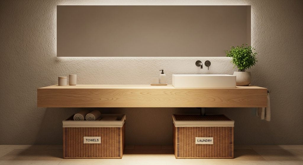 10 Genius Bathroom Storage Hacks You’ll Wish You Knew Sooner 12 Modern bathroom with neatly labeled woven baskets stored under a floating vanity, featuring a cozy and realistic design.