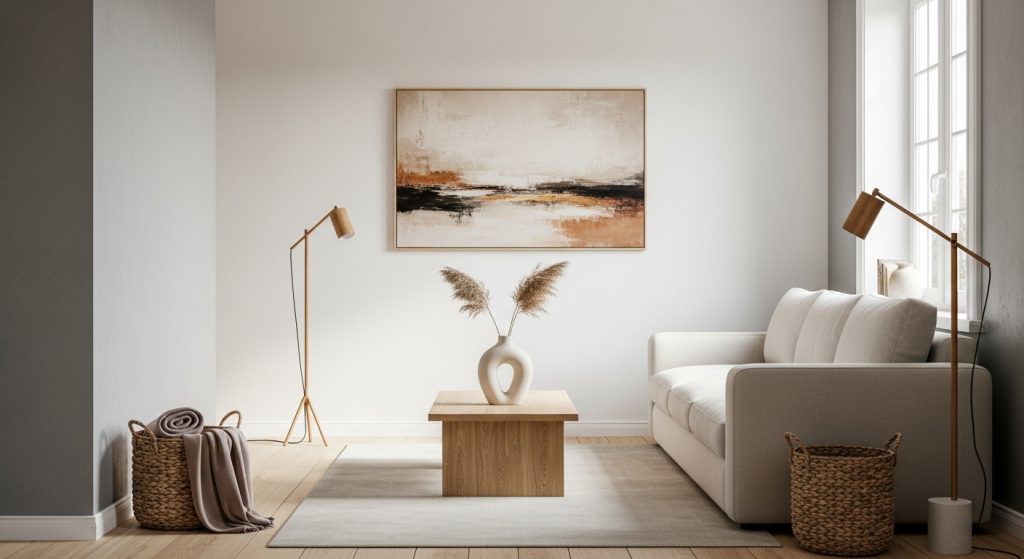 Eco Friendly Home Interior: Natural Ways to Decorate Sustainably 8 
A clean, clutter-free room featuring neutral tones, natural wooden accents, and a few statement décor pieces, creating a calm and minimalist atmosphere.