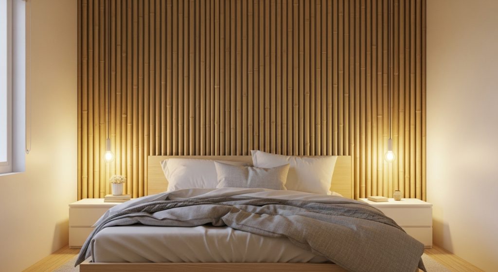 Bamboo Interior Ideas: Natural & Affordable Décor Inspiration 2 Cozy bedroom with a vertical bamboo accent wall, warm ambient lighting, and soft neutral bedding in a minimalist style.