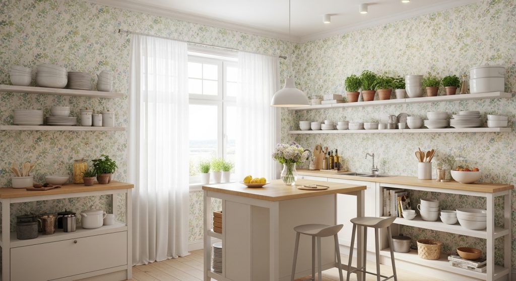 A small kitchen with pastel wallpaper, open shelves, and soft lighting creating a bright, cheerful atmosphere.

