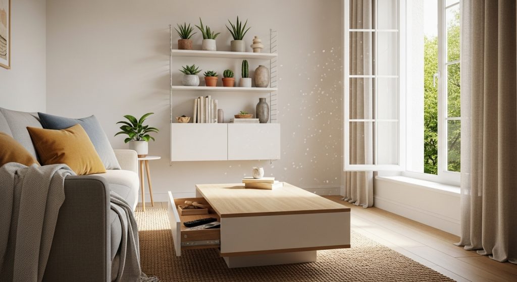 A beautifully styled small apartment living room featuring hidden storage under a coffee table, wall-mounted shelves, and bright natural light, creating a warm, realistic, and inviting atmosphere.
