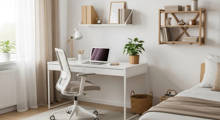 Minimalist Home Office Setup: Create a Productive & Calm Workspace 6 A bright minimalist home office with a white desk, ergonomic chair, laptop, and plant in soft natural light, creating a calm and stylish atmosphere.*