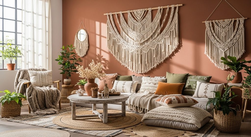 ALT Text: A bohemian-inspired living room with a woven wall hanging, cozy layered textiles, and an earthy, soft color palette creating a relaxed, stylish atmosphere.
