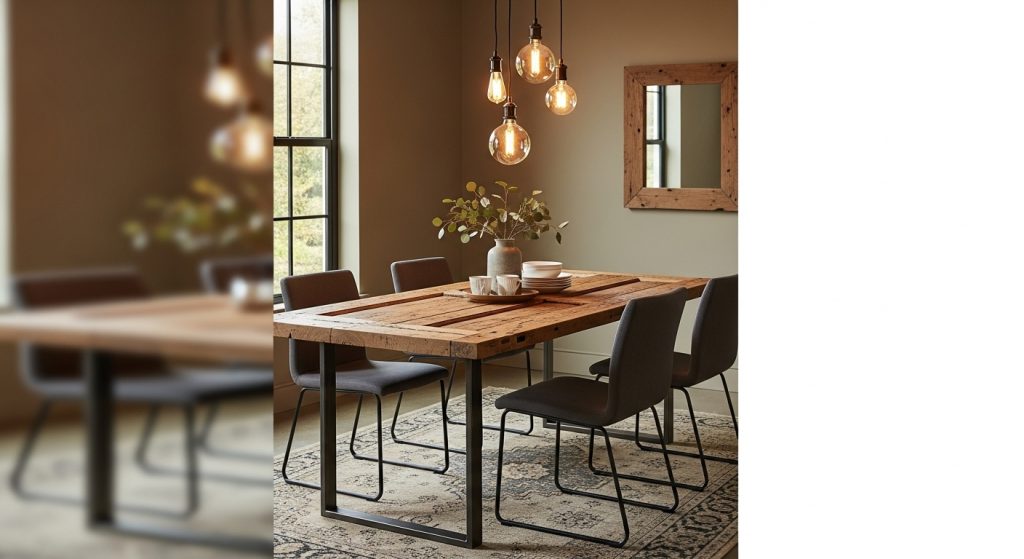 5 Recycled Furniture Design Ideas to Give Old Pieces New Life 4 “Warm dining area with a reclaimed wooden door repurposed as a dining table with metal legs, paired with modern chairs and cozy lighting in a rustic-modern style.”