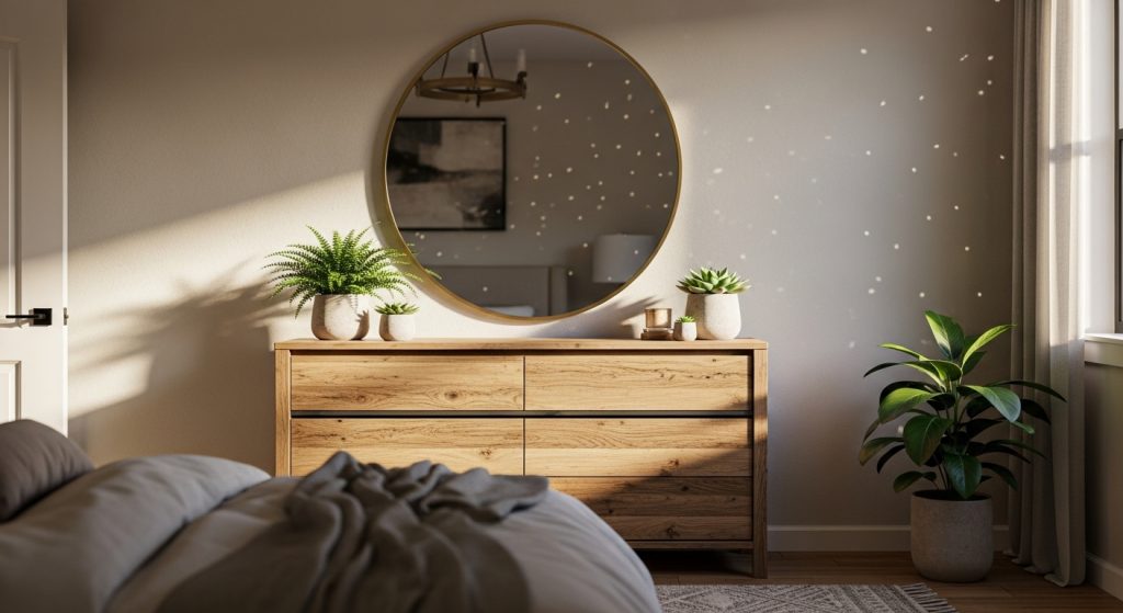 Mirror Decoration Ideas for Bedroom: Brighten Up Your Space 2 **“Stylish bedroom with a round mirror above a wooden dresser, neutral walls, sunlight, and green plants for a fresh, modern look.”**