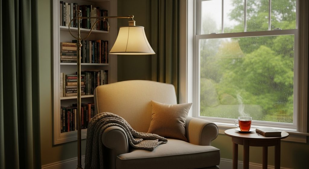 Budget Friendly Home Makeover Ideas You Can Try This Weekend 10 A peaceful reading nook featuring a cozy armchair, a warm lamp, and a small bookshelf positioned near a bright window.