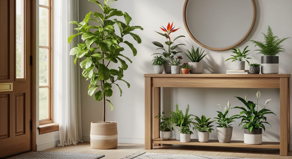 Entryway Makeover Ideas on a Budget: First Impression That Wow 8  Entryway featuring a tall corner plant, small potted plants on a console table, and soft natural daylight for a fresh, welcoming look.