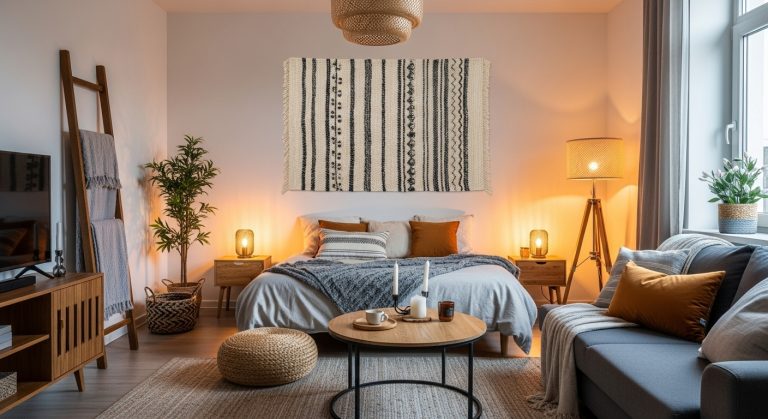 Wall Rug Placement Ideas to Add Warmth & Texture to Any Room 5 A cozy, modern interior showcasing creative wall rug placement ideas with a textured woven or boho-style rug hanging above a sofa or bed, surrounded by warm lighting, soft furnishings, and natural tones for an inviting, layered look.