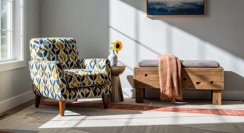 Accent Furniture for Decor: Statement Pieces That Elevate Any Room 4 
A sunlit room featuring a mix of accent furniture — a patterned chair, a wooden bench, and decorative pieces — arranged to highlight their unique designs, colors, and textures. The scene beautifully showcases how diverse accent furniture can complement each other in a stylish, cohesive space.