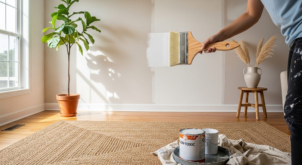 Eco Friendly Home Interior: Natural Ways to Decorate Sustainably 7 
A homeowner painting a wall with non-toxic white paint using a wooden brush, surrounded by natural décor accents for an eco-friendly and refreshing home update.