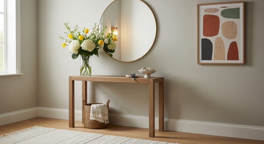 Creative Corner Decoration Ideas to Beautify Every Room 7 An inviting entryway corner with a slim console table, mirror, and vase of flowers, featuring warm lighting and natural textures for a fresh, welcoming feel.