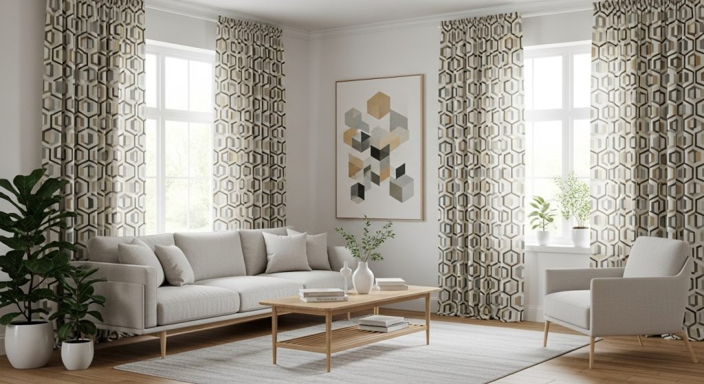 Modern Curtain Design for Living Room That Instantly Upgrade Your Space 4 A modern living room with geometric patterned curtains, minimalist furniture, and neutral walls creating a clean, stylish look.