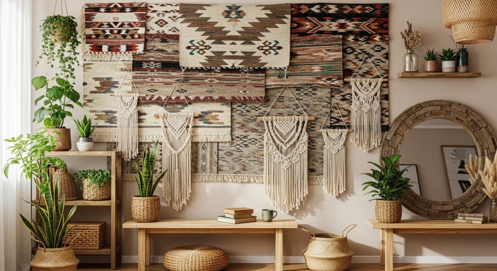 Wall Rug Placement Ideas to Add Warmth & Texture to Any Room 10 
A boho-inspired wall decorated with layered woven rugs, macramé art, green plants, and wooden furniture, creating a cozy and eclectic interior look.