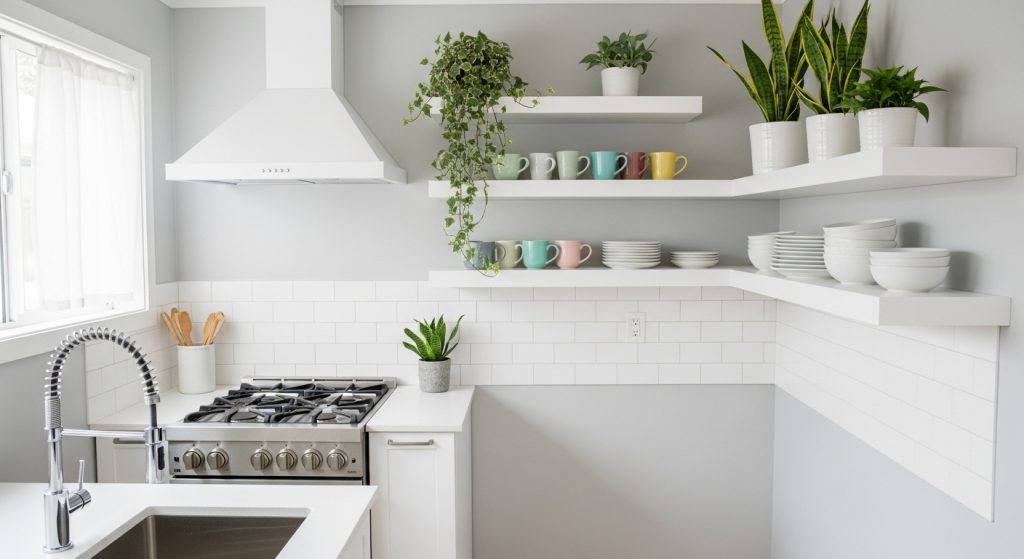 A compact kitchen with white floating shelves showcasing plants, mugs, and neatly stacked dishes for a clean, organized look.
