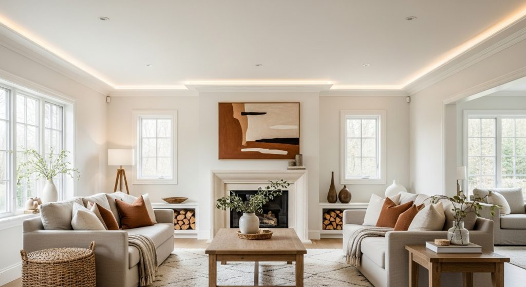 Simple Ceiling Decor Design That Transforms Any Room 1 A bright modern living room with a white ceiling, warm recessed lighting,