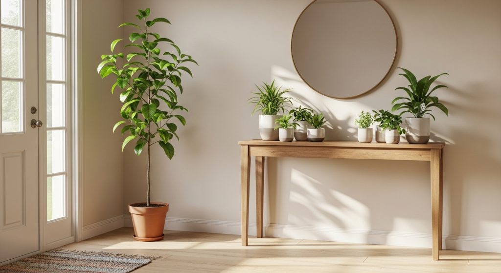 Entryway Makeover Ideas on a Budget: First Impression That Wow 7 : Bright entryway with a tall corner plant, small potted plants on a console table, and natural daylight creating a fresh, inviting atmosphere.