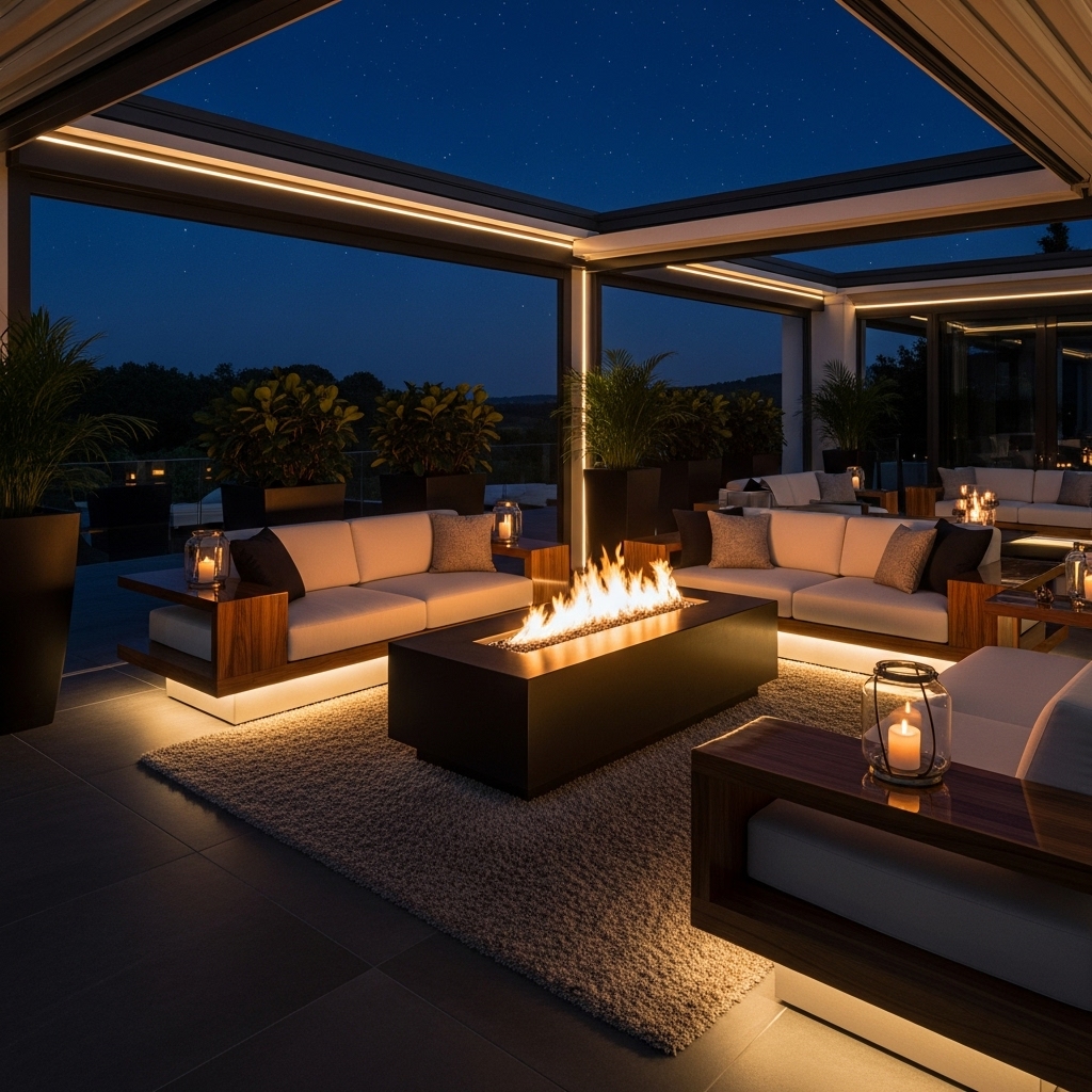 Modern Luxury Outdoor Lounge Ideas 2025 8 An amazing, eye-catching image of a luxury lounge showcasing a contemporary fire pit encircled by stylish seating. The flickering flames create beautiful warmth and reflections under the night sky, evoking a sense of comfort, elegance, and modern outdoor luxury.