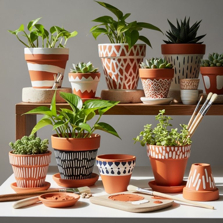 A beautifully styled DIY terracotta decor display featuring hand-painted terracotta pots with creative patterns, earthy textures, and fresh indoor plants like succulents, pothos, and small leafy greens. The pots are arranged on a wooden shelf with natural sunlight, warm earthy tones, and subtle craft elements like brushes and paint strokes, highlighting a cozy, handmade, and creative 2025 aesthetic.