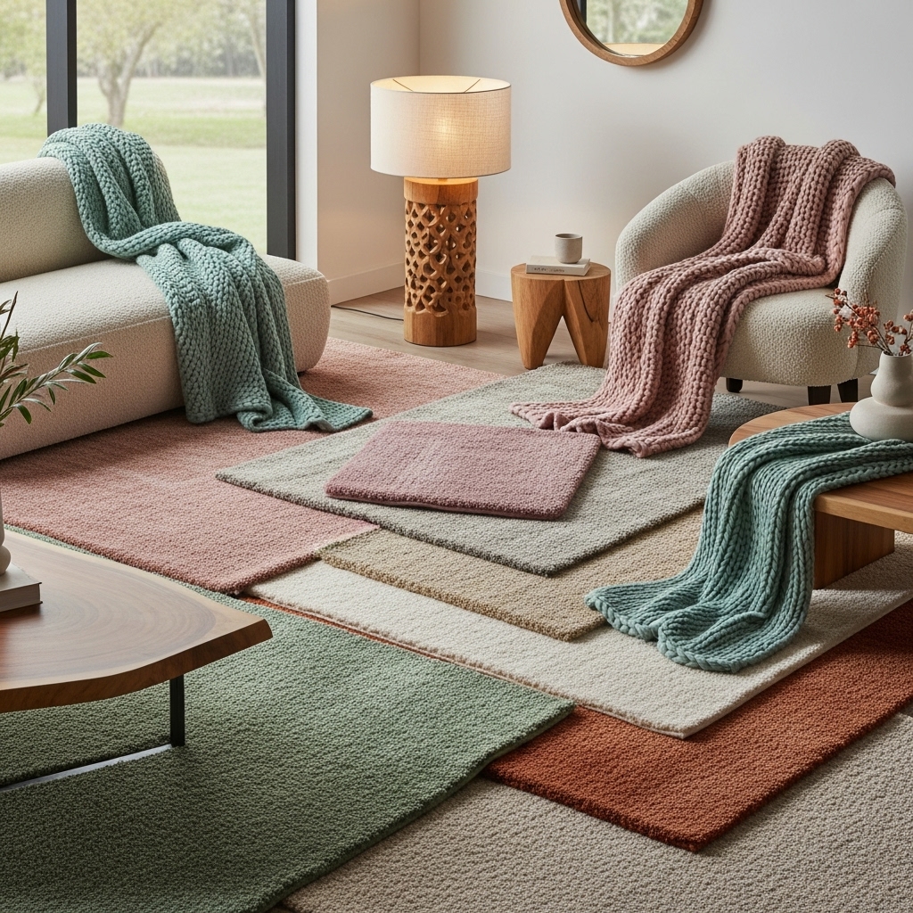 A cozy 2025-inspired interior featuring layered plush rugs in soft earthy pastel tones, complemented by warm wooden accents and gentle textured throws. The scene highlights depth, comfort, and serene modern design with a soothing, natural aesthetic.