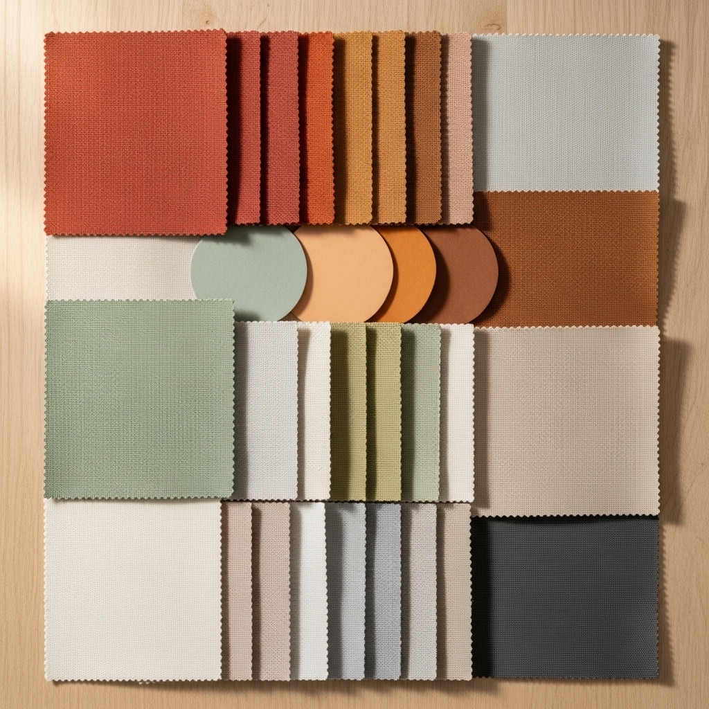 An eye-catching color swatch display featuring terracotta, sage, apricot brown, and neutral fabric samples arranged neatly, showcasing a harmonious and grounding 2025-inspired palette.