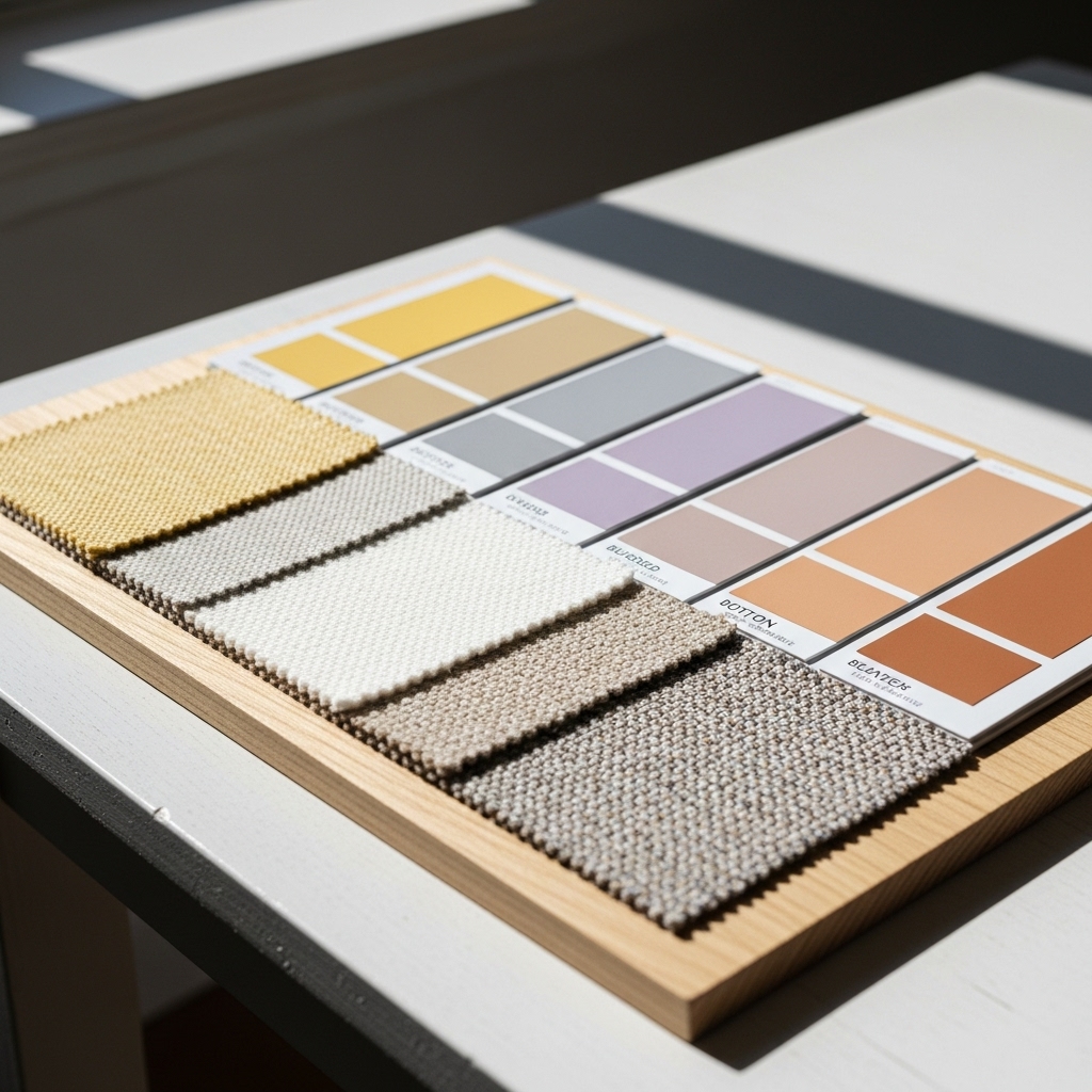 A stylish 2025 interior design color palette board showcasing buttery yellow, muted lavender, and earthy peach swatches arranged neatly alongside textured fabric samples, creating a soothing and modern aesthetic mood board.