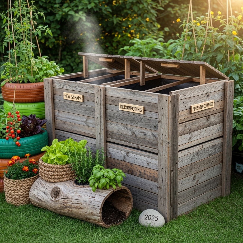 A modern 2025-inspired outdoor scene featuring a compost bin crafted from reclaimed wood, placed beside eco-friendly planters filled with thriving greenery. The setup evokes a caring, sustainable flow with natural textures and an environmentally conscious design aesthetic.