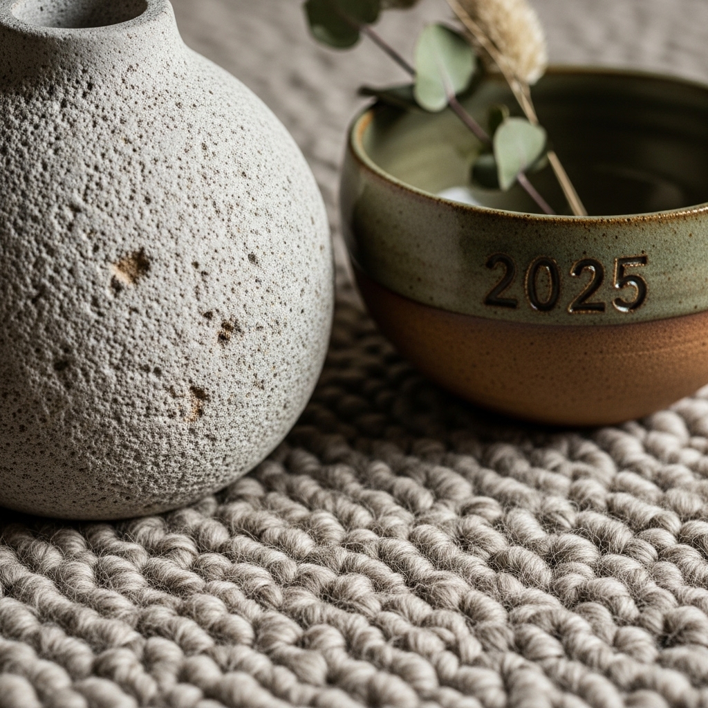 A close-up of a textured wool rug styled with a raw stone vase and a smooth ceramic bowl, showcasing layered natural materials and rich tactile depth inspired by modern 2025 design trends.