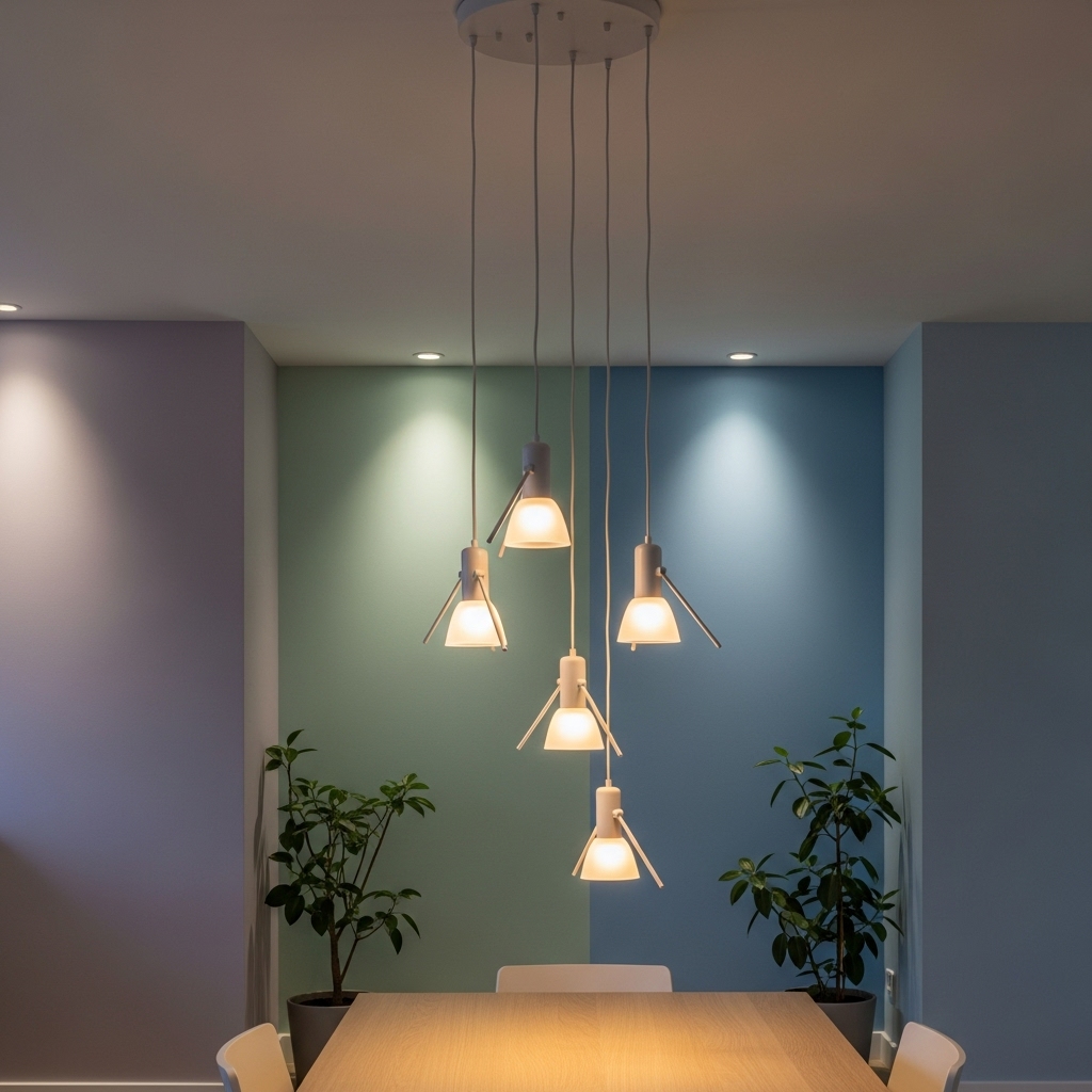 An ambient evening scene featuring adjustable pendant lights and gentle diffusers casting a warm glow against soft pastel walls, creating a calming and cozy 2025-inspired atmosphere.