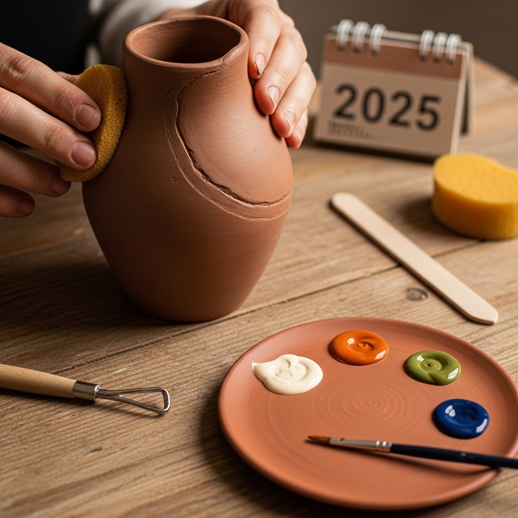 A DIY clay crafting scene showing a mocha-colored terracotta vase being shaped by hand, with paints and tools nearby, highlighting personalized and creative 2025-inspired home décor.