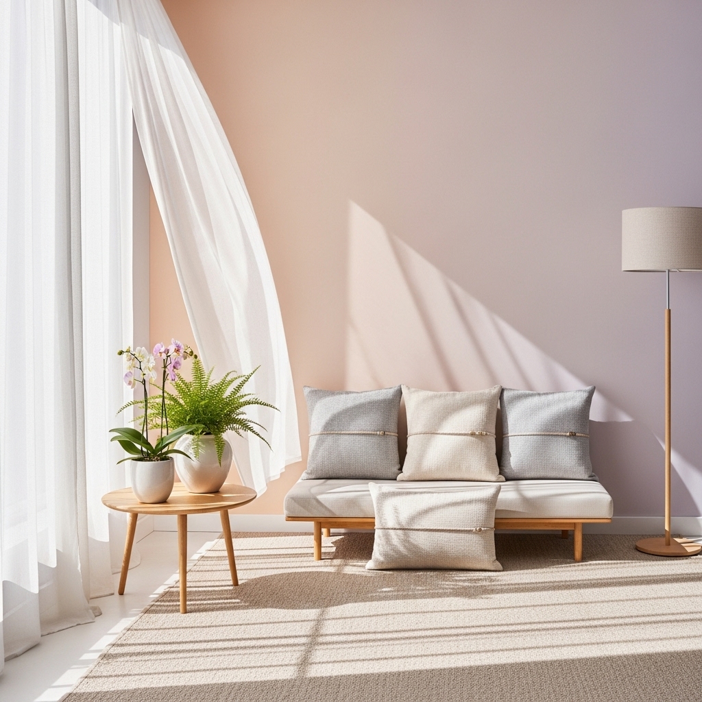 A serene 2025-inspired sunlit room featuring sheer curtains, soft pastel-colored walls, minimal cushions, and a few potted plants, creating a calm, airy, and softly minimal aesthetic with gentle natural light.